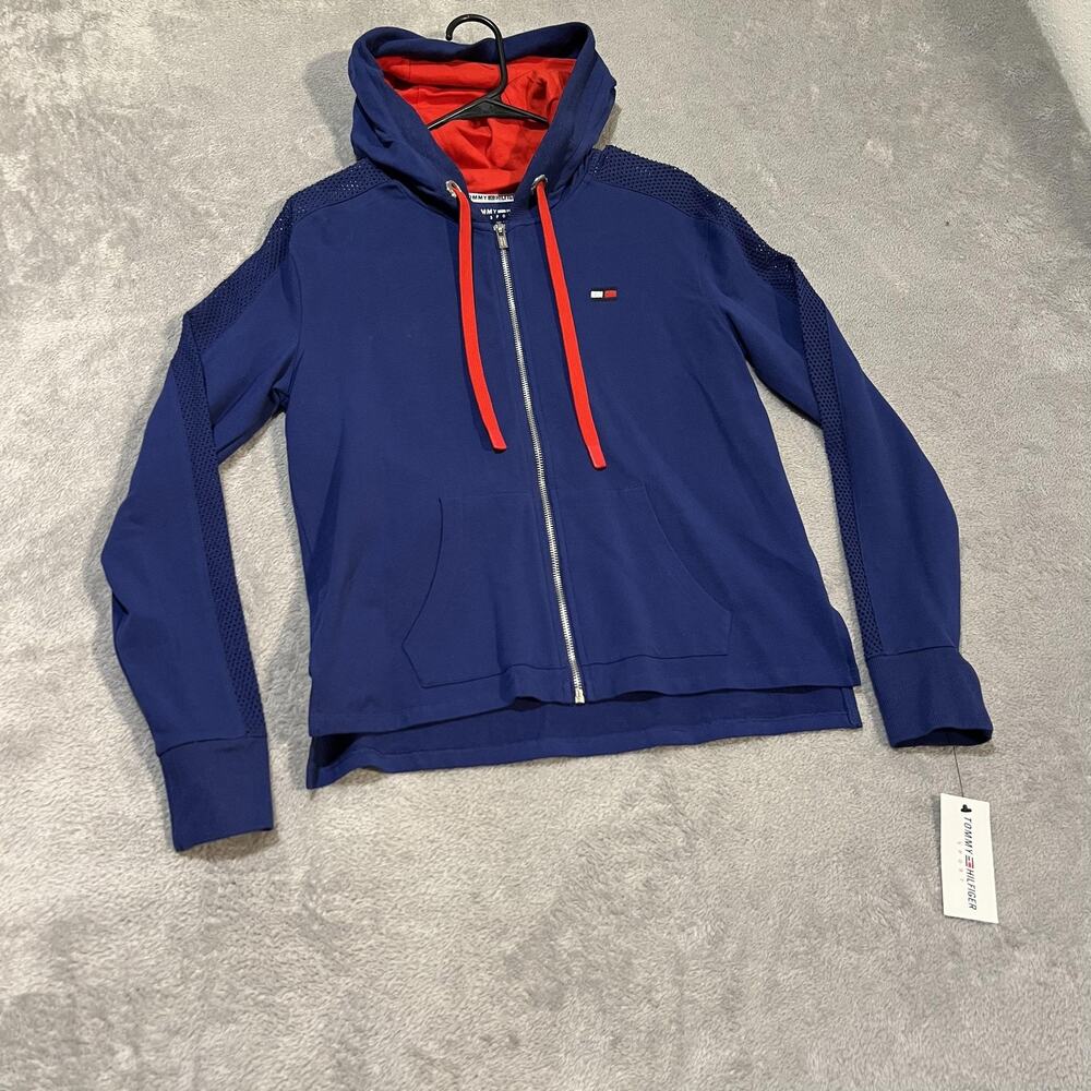 Tommy Hilfiger Sport Hoodie Womens Small Blue Full Zip Mesh Sleeve Jacket